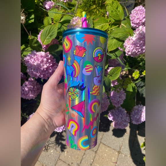 Starbucks + Tim Singleton NWT PRIDE Holographic Silver Emoji 24oz Tumbler - Picture 3 of 8